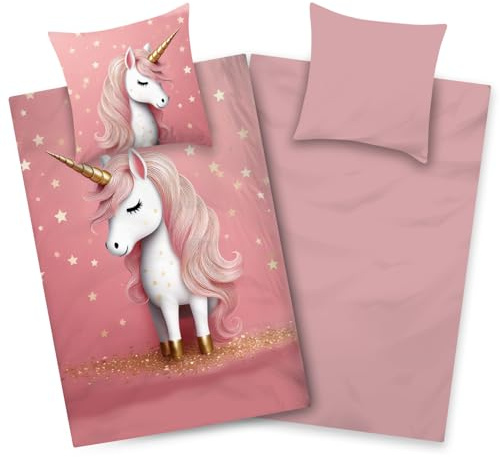 Aminata kids Mikrofaser Bettwäsche Einhorn 135x200 Mädchen Jugendliche mit Reißverschluss - Bügelfrei - vorteilhaft für Allergiker 100% Polyester - rosa weiß