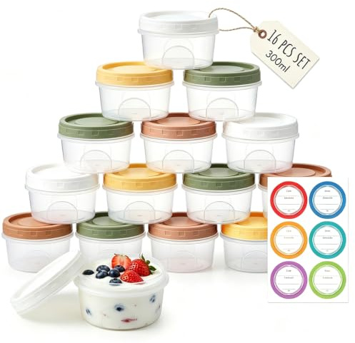YBCCBY 16Pcs Small Food Containers with Lids, 300ml Leakproof Food Storage | Round Sauce Container, Reusable Foods Storage Jars, Stackable Snack Boxes, for Dishwasher & Microwave & Freezer Safe