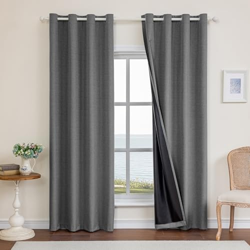 Ystyle Tende Oscuranti 100% Effetto Lino 2 Pezzi, 140x280cm, Tenda Oscurante da Interno con Occhielli, Tende per Interni Moderne per Camera da Letto e Soggiorno, Grigio Scuro