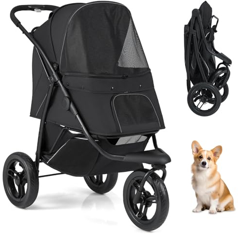 COSTWAY Poussette pour Chien Chat Pliable, Auvent Réglable, Panier de Rangement et Poches, Chariot pour Chien Chat à 3 Roues, Coussin Amovible, Laisse de Sécurité, Tissu Oxford (Noir,Style 12)