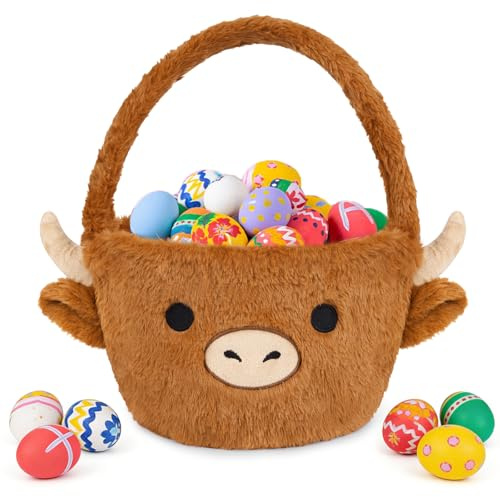 Yamepuia Easter Basket - Easter Baskets for Kids,Cute Highland Cow Easter Egg Basket with Handle,Baby Gift Basket, Easter Basket Gifts Highland Cow Tote Bags Eggs Hunt for Boys,Girls,Toddler