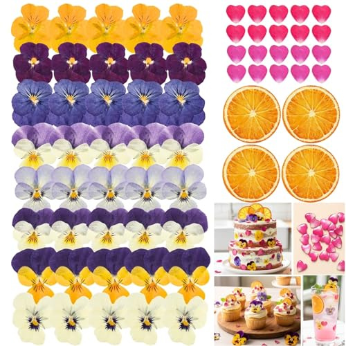 Celblisora 72 Pcs Naturally Dried Pressed Edible Flowers,Pansy,Heart Rose Petals,Dried Orange Slices,Food Grade Dry Flowers for Cocktails Cake Decorating Crafts Resin Mix