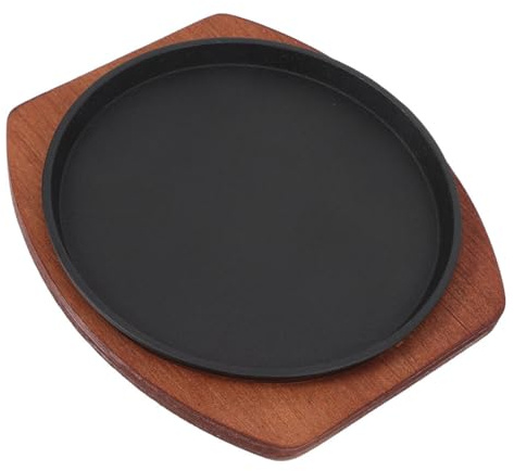 TOYANDONA Poêle à Griller Ronde en Fonte 23 CM avec Base en Bois, Plaque à Steak Antiadhésive pour Barbecue et Cuisson Maison, Plateau de Service Polyvalent Cuisine et Repas Familiaux
