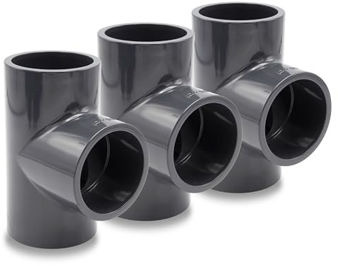 Baumaxxe 3x PVC T-Stück 50mm - Klebemuffe Fitting - 16 Bar - bm069 | 1 1/2 Zoll PVC Fitting, 3x Klebemuffe und Anschlagfuge, zum Verkleben mit PVC Rohr 50mm, Pool Zubehör für Poolverohrung 50mm
