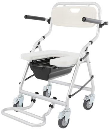 Duschtoalettstol, vikbar toalettstol, toalettrullstol, lastkapacitet 150 kg 50 x 64 x 88 cm tillverkad av aluminiumlegering med hjul för äldre och funktionshindrade – silver + vit