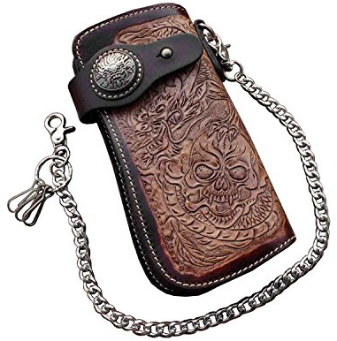 crazy hunter Dragon Skull Motorcylce Biker Cow Leather Card Holder Handmade Wallet With Chain L66