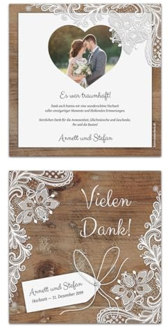 Personalisierte Foto Danksagungskarten Hochzeit (ab 10 bis 100 Stück Menge wählbar) - Rustikal mit weißer Spitze - Dankeskarten Danksagung Hochzeit, mit Bild, 148x148mm Karte mit Vorder- und Rückseite