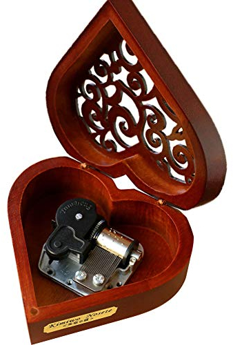 Youtang Caja de música creativa con tapa hueca de 18 notas, caja musical de madera, regalos musicales en forma de corazón, reproduce el tema de Davy Jone (movimiento plateado)