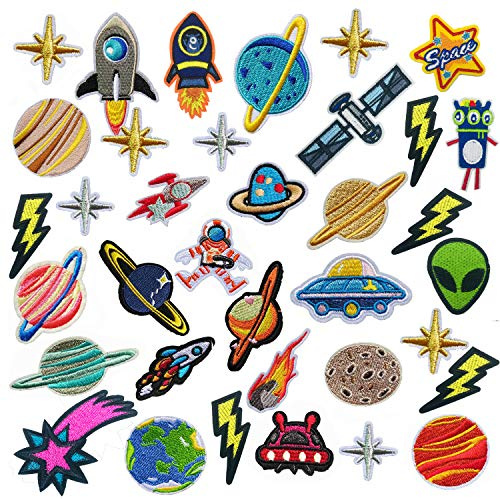35 PCS Iron on Patches Solar System Appliques Stickers Woohome Embroidered Space Planets Patches Applique Kit for Clothing, Jackets, Backpacks, Jeans