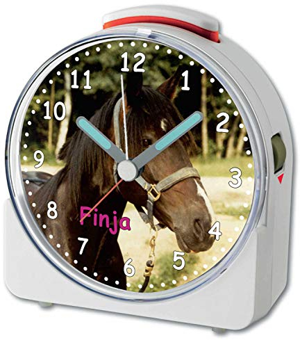 CreaDesign, Funkwecker weiß Motiv Pferd personalisiert mit (Wunsch) Namen, analog Kinderwecker weiß mit Sweep-Uhrwerk und fluoreszierenden Zeiger und Licht, 10,2 x 4,6 x 11 cm