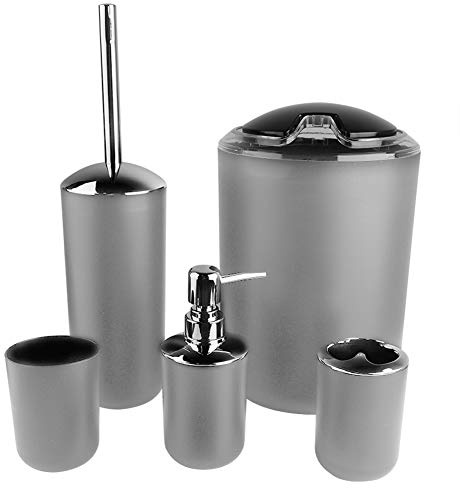 Bathroom Accessory Set 6 Piece, Plastic Bathroom Accessory 6 Piece Bathroom Set with Soap Dish, Soap Dispenser, Tumbler, Toothbrush Holder(Grey)
