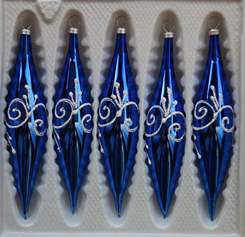 Weihnachtskugeln Glänzende Blaue Zapfen (Eiszapfen) aus Glas mit weiß glitzernden Applikationen - Länge 13 cm 5er Set