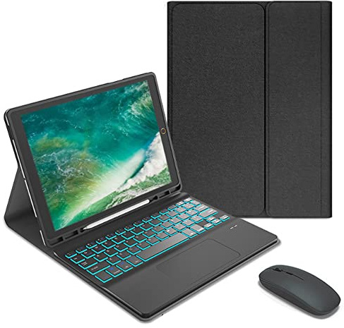 QYiiD Funda con Teclado para iPad 10.2 (2019 7 Gen)/(2020 8 Gen)/(2021 9 Gen), retroiluminación y Soporte para lápices, touchpad Teclado inalámbrico Delgado magnético para iPad 10.2, Negro