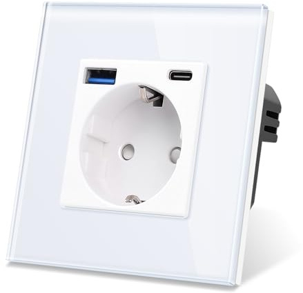 CNBINGO Steckdose mit 1x USB-C/A, 20W Schnellladen, 1-Fach Weiß Glas