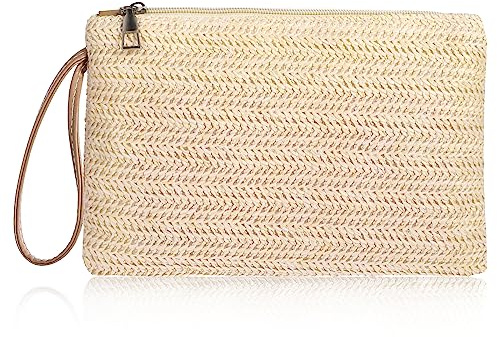 Molain Pochette da Donna in Paglia Boemia Estate Beach Borsa Tessuta con Cerniera - Borsa da Mare e da Polso per Donne e Ragazze, Beige, 24x16.5x2.4cm
