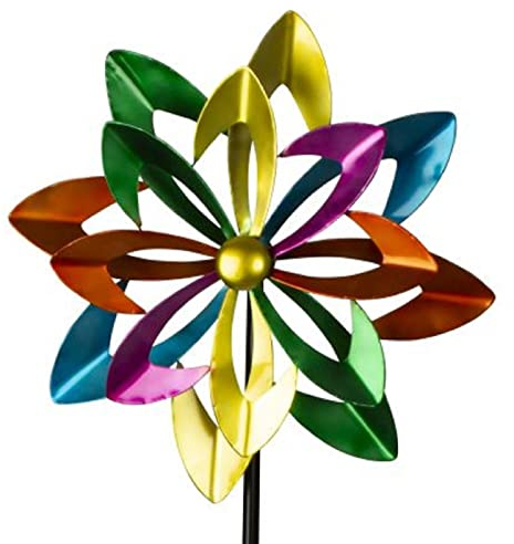 Windrad Metall doppelt Blume Bunt Gartenstecker H 180 cm D 48 cm Windspiel Garten Windmühle