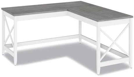 Workspace by Alera L-Shaped Farmhouse Desk, 58.27 x 58.27 x 29.53, Gray/White