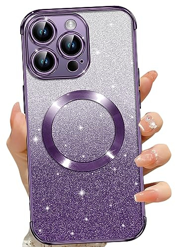 Phoona Cover Magnetica per iPhone 14 Pro Max, Glitter Custodia Compatibile con MagSafe, Anti Graffi, Non Ingiallente, Protezione Completa Case iPhone 14 Pro Max, con 2 Vetro Temperato, Viola