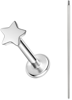 BodyAce ASTM F136 Titanium Lip Bar Labret Rings, 16G Flat Back Earring with Piercing Taper, Internally Threaded Cartilage Piercing Tragus Studs Body Jewellery [Star]