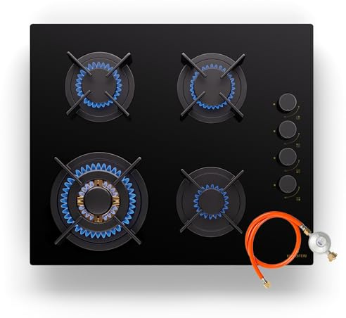 Klarstein Cocina Gas Butano 4 Quemadores 8800W, Fogones Gas Butano Portátil Camping para Gas, Placa de Gas Acero Inoxidable, Encimera para Cocinar en Exterior
