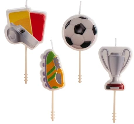 dekora - Bougies d'Anniversaire sur le Thème du Football 8cm | 4 Modèles Uniques: Sifflet, Coupe, Ballon, Botte | Décoration Parfaite pour les Fêtes de Fans de Football