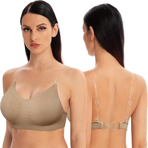 Varsbaby Soutien-Gorge Dos Nu à Bretelles Transparentes pour Femmes, Soutien-Gorge de Danse Invisible sans Fil à Dos Bas D384-Beige-L(FR)