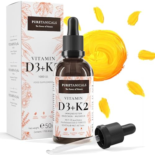 Puretanicals Vitamin D3+K2 Tropfen (50ml) - 1000 IE Vitamin D3 & 40 μg K2 pro Drop hochdosiert - Langzeitvorrat 1700 Tropfen - in MCT-Öl aus Kokos, Cholecalciferol flüssig, ohne Zusätze hergestellt
