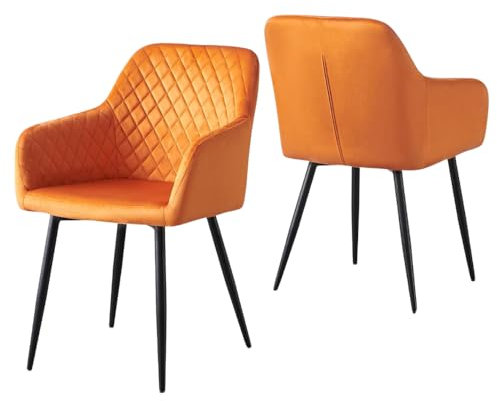 JYMTOM Samt Esszimmerstühle 2er Set mit Armlehnen, Küchenstuhl mit Rückenlehne Metallbeinen, Polsterstuhl Wohnzimmerstuhl Sessel für Esszimmer Wohnzimmer Küche (2, Orange)