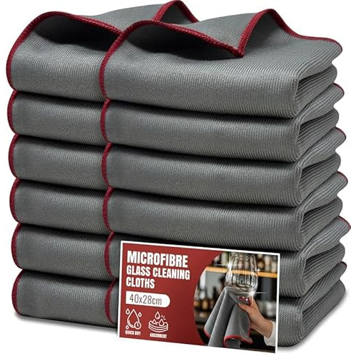 Towelogy 12 x Microfibre Glass Cleaning Cloths - Perfect for Glass Mirror & Stainless-Steel Polishing Cloth Scratch & Lint Free Large Size 40x28cm (12, Grey)
