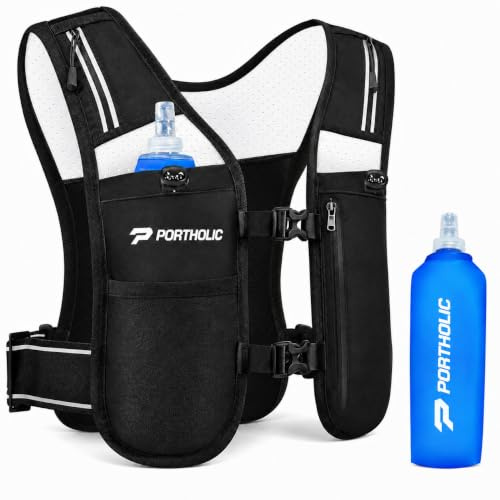 PORTHOLIC Gilet de Course pour Homme et Femme avec Bouteille d'eau de 500 ML | Gilet d'hydratation réglable | Réfléchissant | Léger | 6 Poches | Accessoires de Course pour la randonnée et la Course à