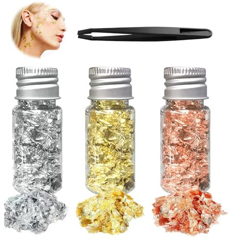 3 Flaschen Blattgoldblätter Flaschen Mit Pinzette, 3 Farben Blattgoldflocken Dekorative Goldfolie Blattgold Blattgoldtabletten DIY-Bastelgoldfolie für Malerei Harzkunst Vergoldete Statue Nagelkunst