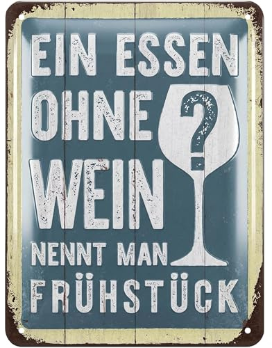 LANOLU Retro Blechschild ESSEN OHNE WEIN - FRÜHSTÜCK, vintage Metallschilder mit Sprüchen, Shabby Chic Deko Küche und Garten, lustige Schilder aus Metall 15x20cm