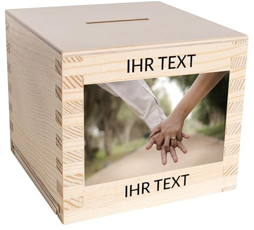 Creative Deco Holz Spardose Sparbüchse Personalisiert Wunschtext + Foto | Geschenke | 9,5 x 9,5 x 9 cm (+/- 0,5 cm) | Fotogeschenke Dein Eigenes Bild Sparschwein Sparbox Holzbox | Rohes Kiefernholz