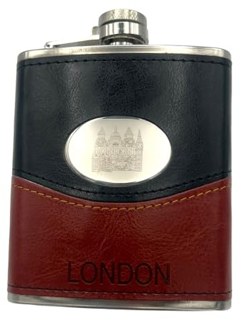 Flasque souvenir de Londres – Flasque en acier inoxydable noir et marron avec emblème gravé du monument de Londres – Cadeau de collection Angleterre