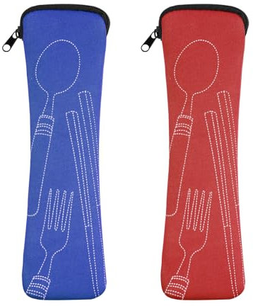 Vicloon 2 Piezas Bolsa de Cubiertos Portátil con Cremallera para Guardar Camping, Picnic, Trabajo, Escuela y Viajes (Rojo/Azul)