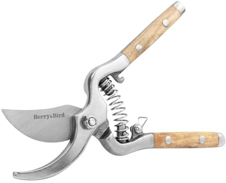 Berry&Bird 8'' Bypass Pruning Shears with Wooden Handle, Curved Blade Garden Hand Pruner, Stainless Steel Secateurs Ultra Sharp Clippers for Gardening Trimming Cutting Bonsai Plant Flower & Picking
