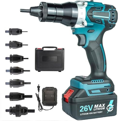 Pistola de Arma remacha eléctrica automática, con Pistola de Cabezal de Bloqueo automático, sin escobillas, Grado Industrial, con Cabezal M3 M4 M5 M6 M8 M10 M12, con Estuche, batería y Carga
