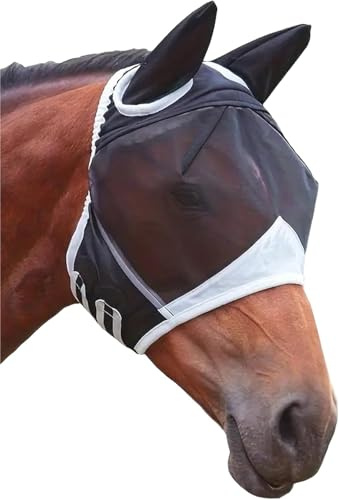 Fliegenmaske Pferd mit Ohrenschutz & Elastizität, Fliegenmaske Pferd UV Schutz, Atmungsaktive Fliegenhaube Pferd Cob Größe (Schwarz)