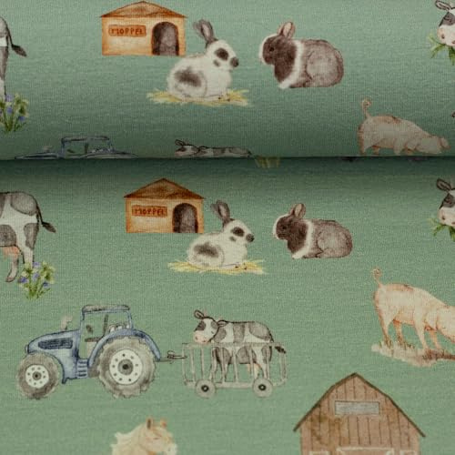 Baumwolljersey FARM – Pferde Trecker Kuehe Bauernhof - 4 Designs – Jersey Stoff Meterware ab 50 cm – Öko-Tex Standard 100 – elastisch & weich – ca. 150 cm breit (Bauernhof, salbei)