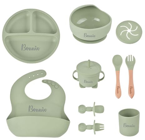 Set de alimentación de silicona personalizado para bebé, suministros de alimentación personalizada para bebés con cuchara, tenedor, cuencos de silicona con ventosa, taza y plato Verde Militar