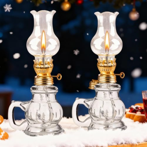 2 Stück Petroleumlampe Für Innenräume, Vintage Petroleumlampe, Retro Öllampe Kerosinlampe Klassische Dekoration Für Haus Und Garten (Doppelhenkel-Design, Ca. 19cm, Transparent)