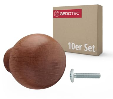 Gedotec Möbelknopf RICARDA Nussbaum dunkel | 10 Stück Möbelknöpfe Holz Ø 28 mm | runde Schrankknöpfe und Schubladenknöpfe | Möbelgriffe für Kommode Schrank Schublade | inkl. Schrauben