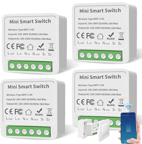 4 Pack Smart Lichtschalter Modul 1 Weg, Smart Life Kompatibel, Smart Lichtschalter Mini Module DIY, Smart Schalter, Wlan Schalter, Smart Switch Kompatibe mit Tuya, Alexa Echo, Google Home
