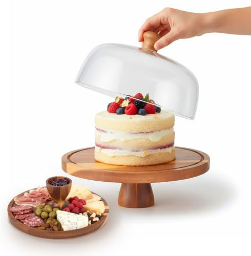 Eirolace - Support à gâteau en bois d'acacia avec couvercle, plateau de service 2-en-1 & présentation de dessert, plaque à gâteau en bois avec couvercle et pied, plat à gâteau, plat à gâteau cloche à