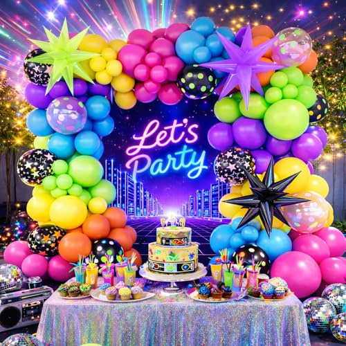 Kit de arco de guirnalda de globos de neón de 147 piezas, globos fluorescentes de arco iris con globo de estrella, arco de globos para fiesta de luz negra, cumpleaños de discoteca de los años 80 y 90