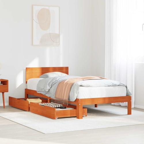 Hoopleep Bettrahmen Wachsbraun 70x190 cm aus Massivholz Kiefer, Einzelbett mit Lattenrost, Kopfteil und 2 Aufbewahrungsschubladen, Robustes Plattform Bettgestell für Schlafzimmer