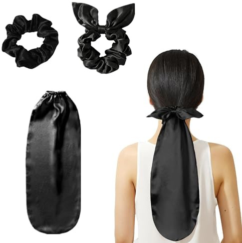 Seidenhaube Schlafhaube 2-in-1 Set, Mit Seiden Haargummi, Für Lange Haare, Haarschutz Nachts gegen Frizz & Haarbruch (Schwarz)