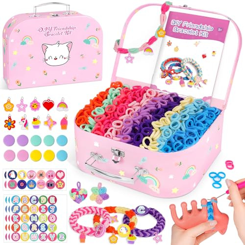 Arts and Crafts for Kids, Friendship Bracelet Making Kit Girls Birthday Presents 5 6 7 8 9 10 11 12 Year Old Girls Gifts Kids Craft Set Cotton Loom Band Kit with Charms Toys for 5 -12 Year Old Girl