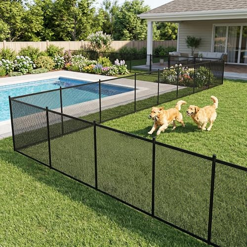 PEILU 362x136cm Poolzaun Klappbare, Stecken Teichzaun mit 125cm-Hoch Polyester Gartenzaun Netz, Alurahmen & Stahl-Füße, Erweiterbar Kindersicher Poolschutzzaun für Schwimmbad, Haus & Garten