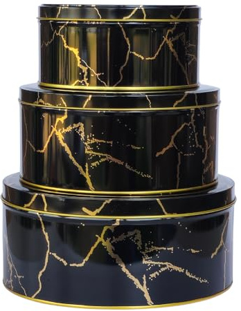 hadaaya Pack of 3 Round Metal Nesting Tins Stackable Storage Containers with Lids for Cookies, Candy, Snacks, Crafts & Kitchen Storage Black & Gold Gift Tin Box for Mother's Day
